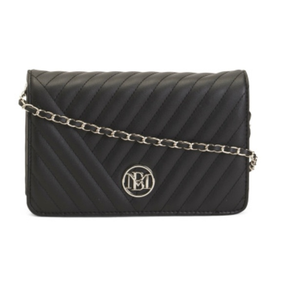 Badgley Mischka Black Quilted Crossbody Bag with Round Logo and Chain Strap - Picture 1 of 16